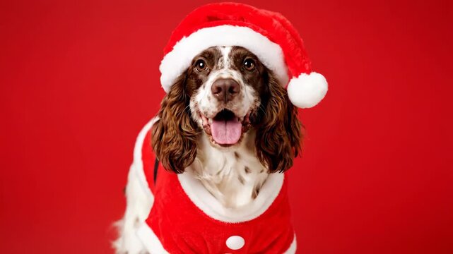 Happy dog wearing a festive santa hat and costume on a red background. Cheerful pet ready for Christmas. Holiday video footage.