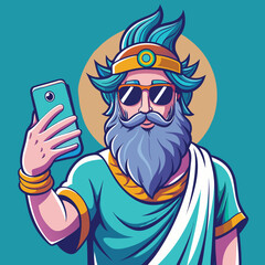 Cartoon Poseidon taking selfie with smartphone showing modern ancient times
