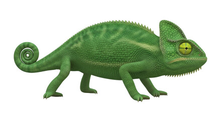 Isolated detailed chameleon with a curly tail, lizard with yellow eyes standing