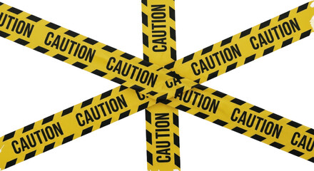 Yellow and black striped caution tape in a cross shape. Isolated on transparent background, png