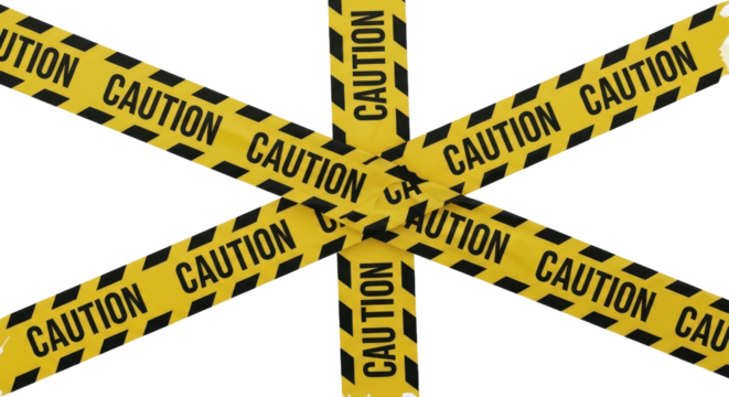 Yellow and black striped caution tape in a cross shape. Isolated on transparent background, png