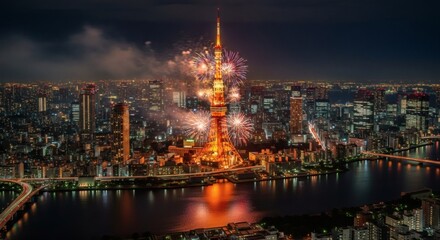 Spectacular Nighttime Fireworks Display Illuminates a Bustling Cityscape Featuring a Prominent Tall Tower