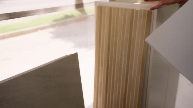 Architect or interior designer showing material samples for home renovation project. Man comparing grey concrete tile with modern fluted wood panel in bright showroom
