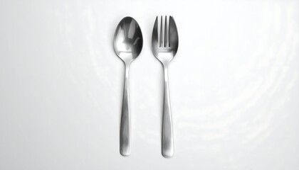 A close-up, top-down view showcases a spoon and fork placed on a white, reflective surface. The cutlery gleams