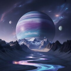 A breathtaking view of a massive planet and its moons in a dreamy, icy mountain landscape with a river reflecting purple and blue light.