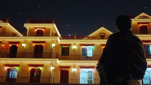 Diwali Celebrations Sparkle in 4K Video Footage.b58.10oct2025 Person Gazing at Festive Illuminated Buildings Back View for Indian Festival of Lights