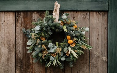 Beautifully crafted Christmas wreath made from fresh pine branches and decorative elements hanging on wooden wall