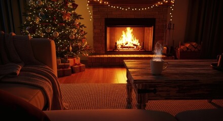 Cozy Winter Evening Warmth by the Fireplace with Decorated Christmas Tree and Soft Pillows for Ultimate Relaxation