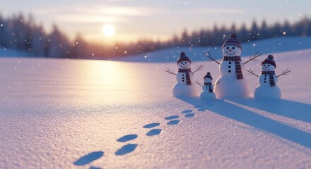 A Happy Family of Snowmen Standing Together on a Snowy Winter Morning With a Soft Sunrise Over the Forest