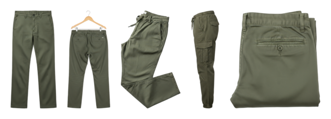 Men's olive pants set including chinos and cargo joggers shown in multiple angles isolated. Clothing apparel collection.