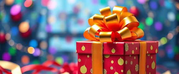 Golden bow atop a gift box, vibrant multicolored festive background,  ribbon,  celebration