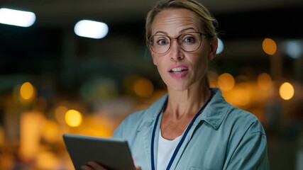A confident woman in glasses holds a tablet and stands in a dimly lit warehouse, embodying the blend of technology and leadership in a modern professional environment. - Powered by Adobe