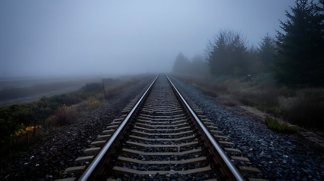 Train tracks disappearing into a dense fog on a gloomy day Keywords: train tracks, railway