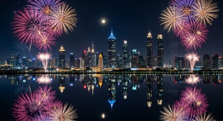 Spectacular Fireworks Display Illuminates a Modern Cityscape Reflected in Calm Water Under a Moonlit Sky