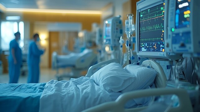 Modern hospital setting showcasing medical equipment and staff caring for patients in a busy intensive care unit