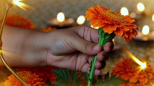 Child's Hand Holding a Marigold Flower for Diwali Celebration, a Symbol of Hope and New Beginnings in Vibrant 4K Video Footage.b58.10oct2025