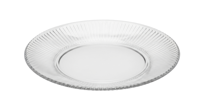 Isolated glass dinner plate with ridged edge, kitchenware for food service, meal serving