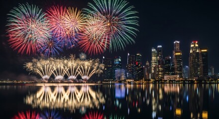Spectacular Fireworks Display Illuminates the Night Sky Over a Dazzling City Skyline Reflecting in Calm Water