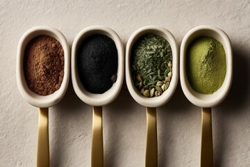 Variety of spices in ceramic spoons on neutral background