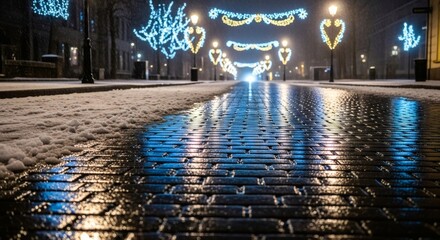 Streetscape Illuminated by Festive Lights on a Snowy Evening Reflecting on Wet Pavement