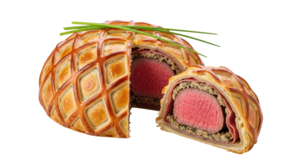 Isolated Beef Wellington sliced, decorated with chives ready to be served as a festive dish