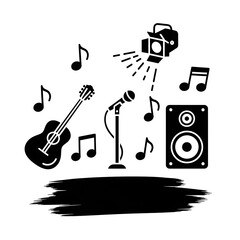 Obraz premium Music Event Silhouette with Guitar, Microphone, and Stage Light.