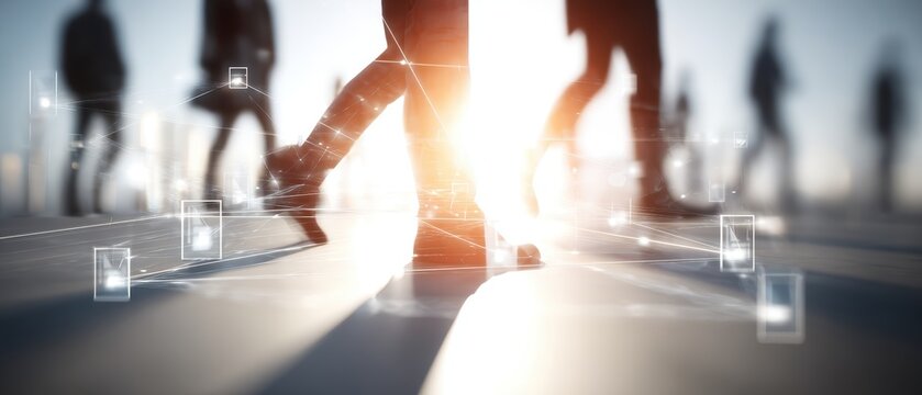 Modern businesspeople walking in a busy city crossing with digital technology overlay and bright sunlight creating a vibrant urban scene - Powered by Adobe