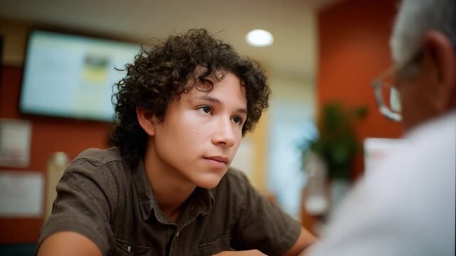 A young man sits attentively, engaged in a meaningful conversation, capturing the essence of interpersonal connections and the importance of communication in human relationships.