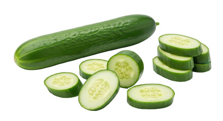 Isolated fresh green cucumber and slices of cucumbers vegetable food ingredients for cooking