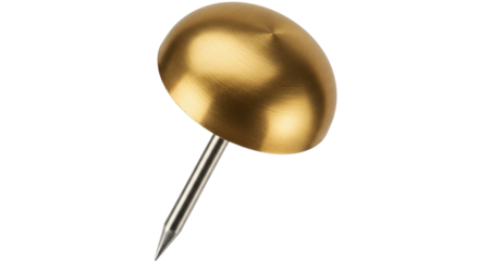 Isolated pushpin with metal needle on seamless backdrop, gold-tone dome shape, drawing pin