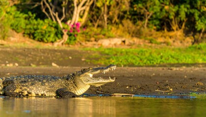 A large reptile with an open mouth suns itself on a muddy riverbank, surrounded by lush green vegetation