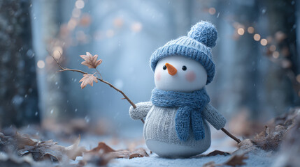 Cute Snowman with Blue Knit Hat and Scarf in Winter Forest