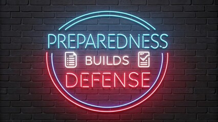 Obraz premium Neon Sign for Preparedness Builds Defense in Urban Setting