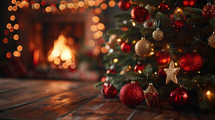 Festive Christmas Tree with Red and Gold Ornaments in Cozy Fireplace Setting