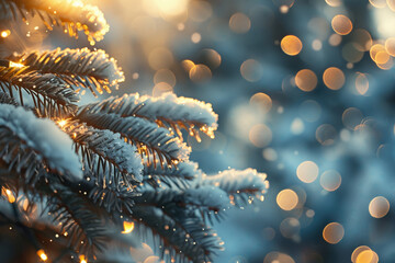 Close-up of Frosty Pine Branch with Golden Bokeh and Snowflakes