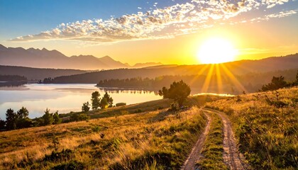 Obraz premium A stunning sunrise over a tranquil lake, with distant mountains, golden fields, and a winding dirt road