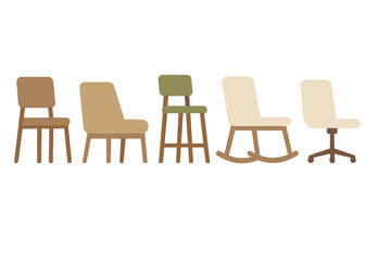 Fototapeta premium Assortment of contemporary seating options featuring dining chairs, lounge seats, bar stools, and rocking chairs