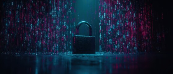 Digital security concept with padlock surrounded by colorful data streams in a dark futuristic cyber environment for cybersecurity or data protection themes