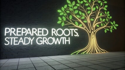 Neon Sign with Tree and Growth Message on Dark Wall Background