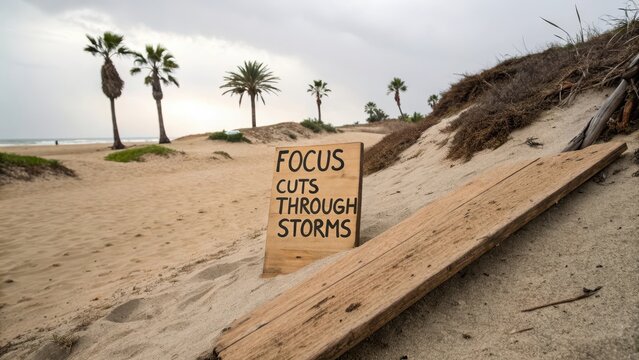 Motivational Sign on Sandy Beach with Palm Trees Under Cloudy Sky - Powered by Adobe