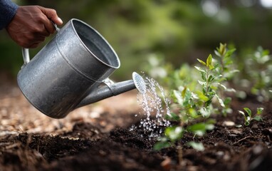 Watering young plants in a garden using a metal watering can during a sunny day