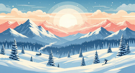 Pixel art winter mountain landscape with snow covered trees and sun
