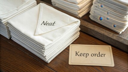 Neatly Arranged Cloth Napkins with Sign Keeping Order in Restaurant