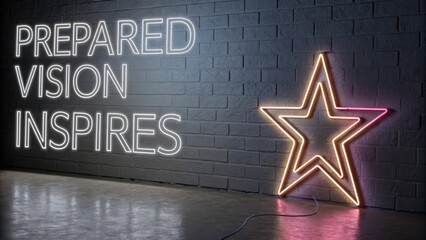 Neon Star and Inspirational Quote on Modern Wall Background