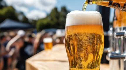 Refreshing Beer Pouring into Glass at Outdoor Event with Crowd, Golden Lager with Bubbles and Foam, Summer Celebration, Close-up