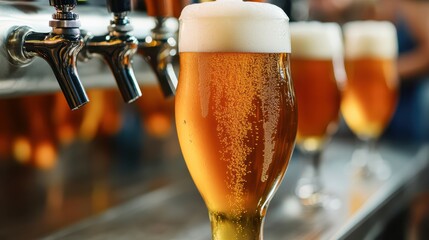 Row of Beer Glasses at Bar with Taps, Close-up of Golden Lager with Bubbles and Foam, Refreshing Drinks, Bar Scene, Nightlife