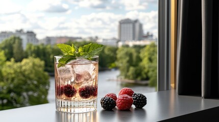 Elegant Berry Cocktail with Ice, Mint, and Raspberries by Window Overlooking Park, Refreshing Summer Drink, Stylish Presentation, Close-up