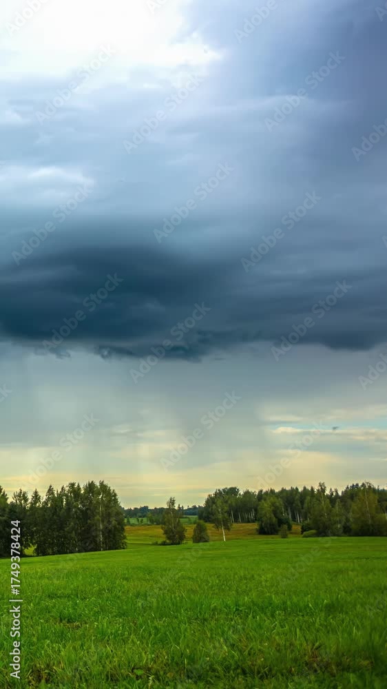Wall mural timelapse of clouds moving over valley landscape with trees and distant fields in view, vertical