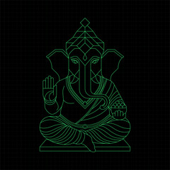 Geometric line art illustration of Lord Ganesha sitting in a meditative pose. Minimal neon green outline on a black background. 