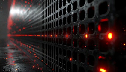 Perspective view of a futuristic supercomputer or server cluster with glowing red warning lights in a data center